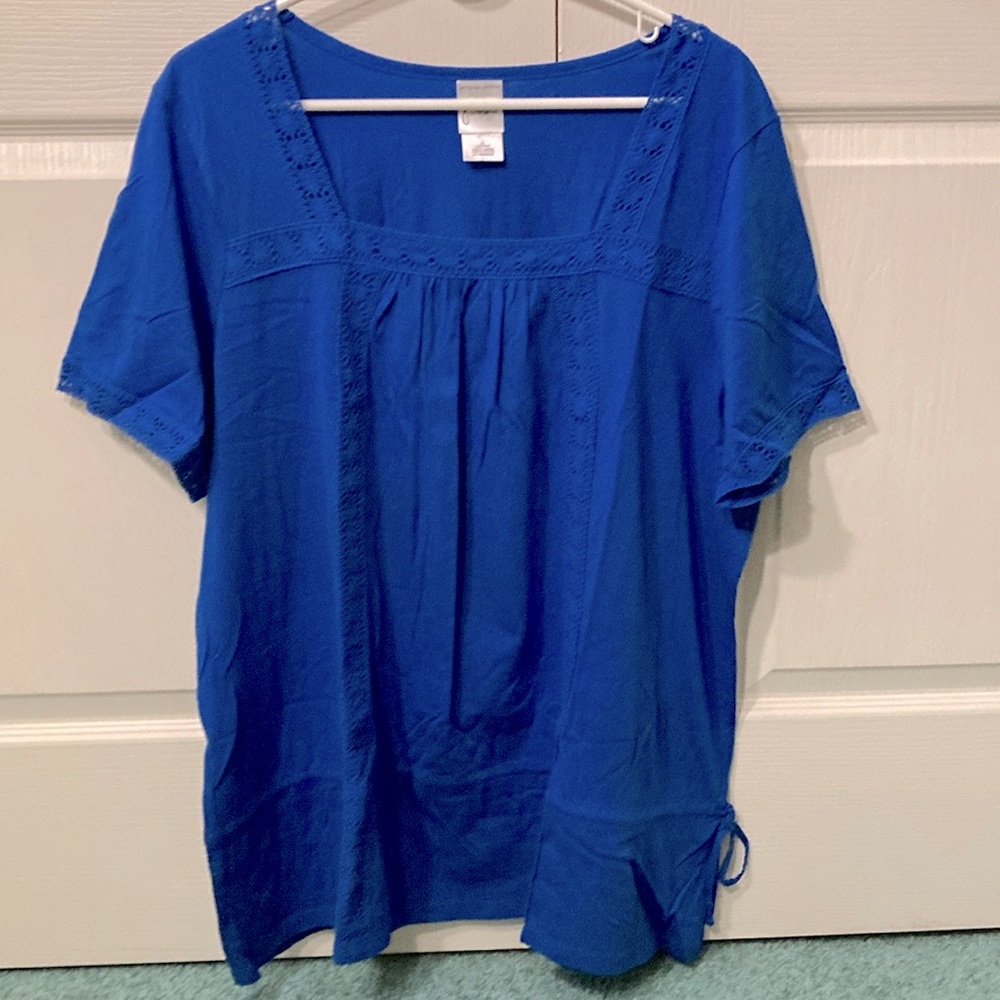 Just My Size 2XL blue cotton hippie/boho shirt-sleeve blouse, floral eyelet deco